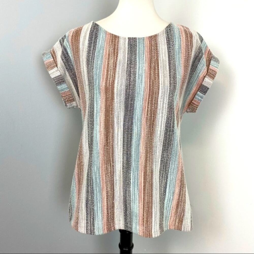 W5 Striped Textured Cuffed  Short Sleeved Top Medium